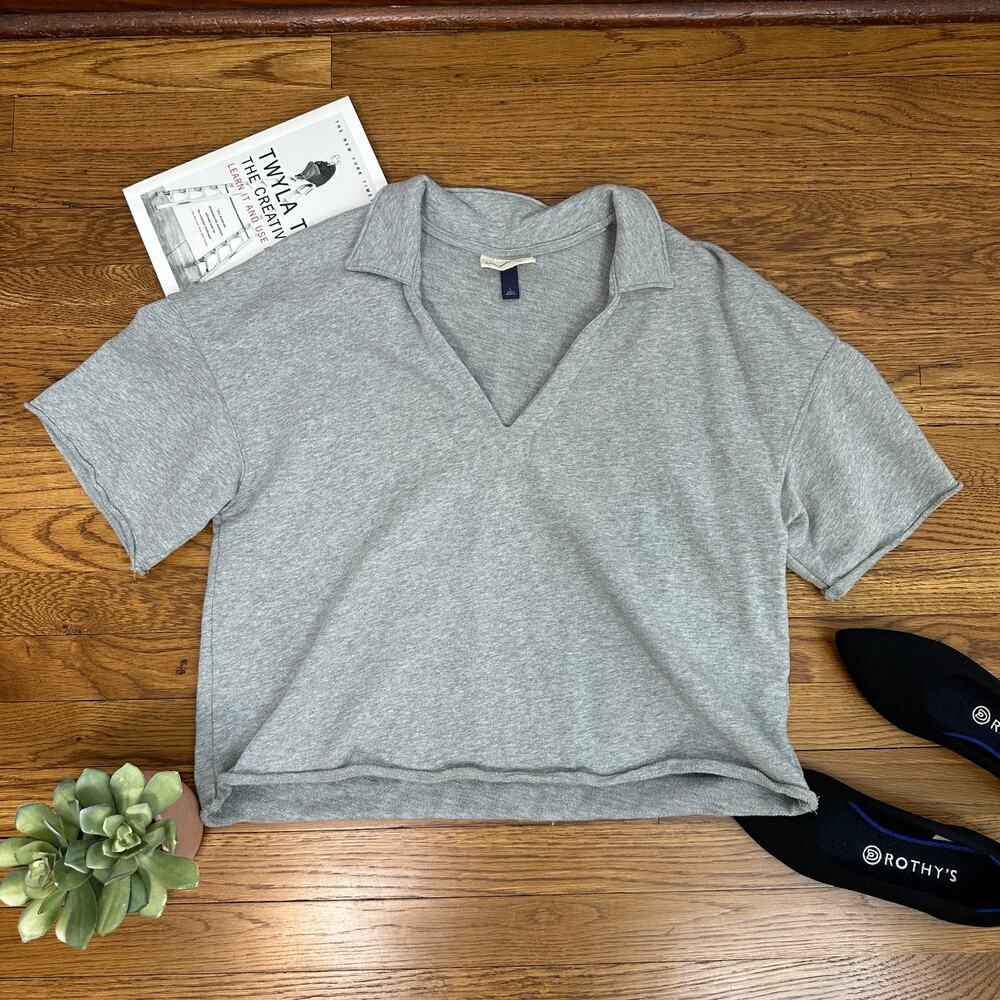 Universal Thread Gray Oversized Cropped Collared Sweatshirt Short Sleeve Top